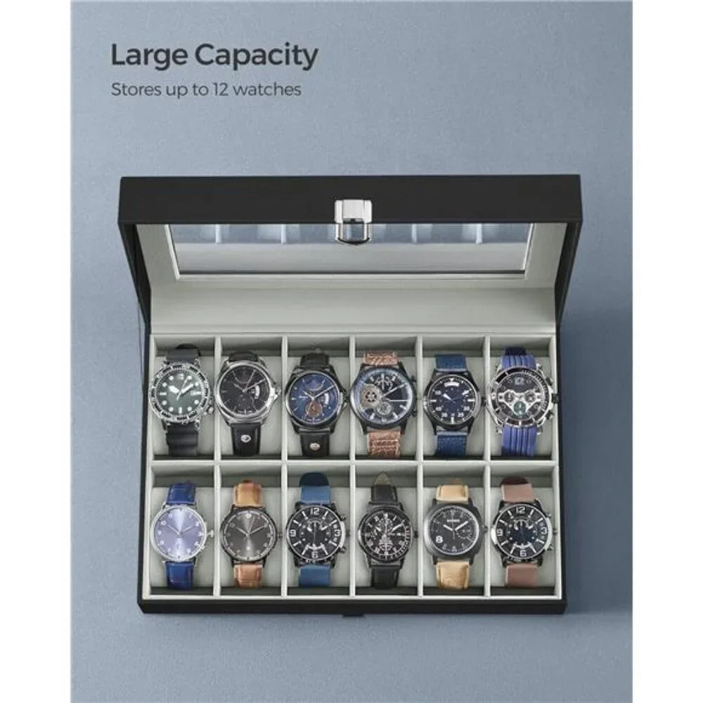Watch Box, 12-Slot Watch Case Organizer with Large Glass Lid, Removable Pillows